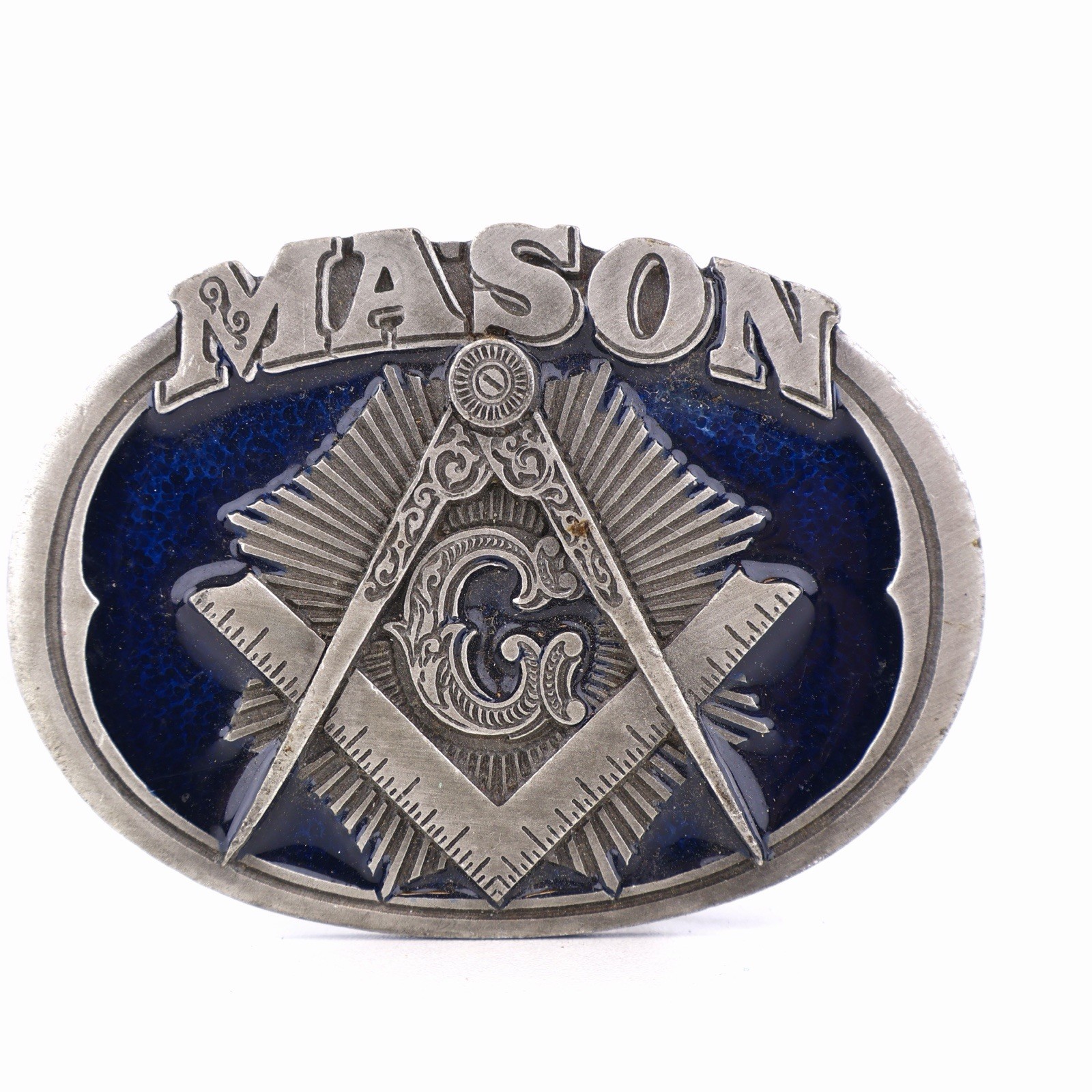 Vintage 1985 C+J Mason Masonic Belt Buckle Blue Enamel Freemason Made in USA