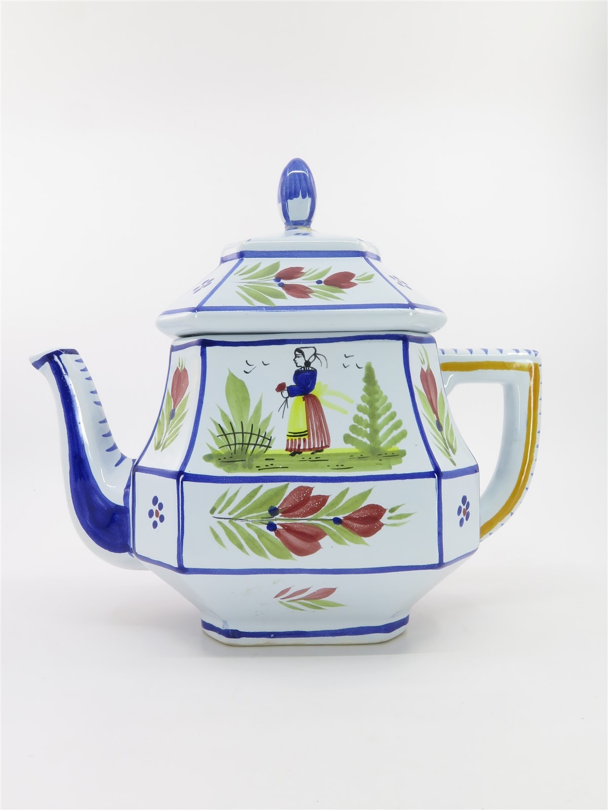Henriot Quimper Mistral Blue Octagonal Teapot 5 Cup Featuring Lady 