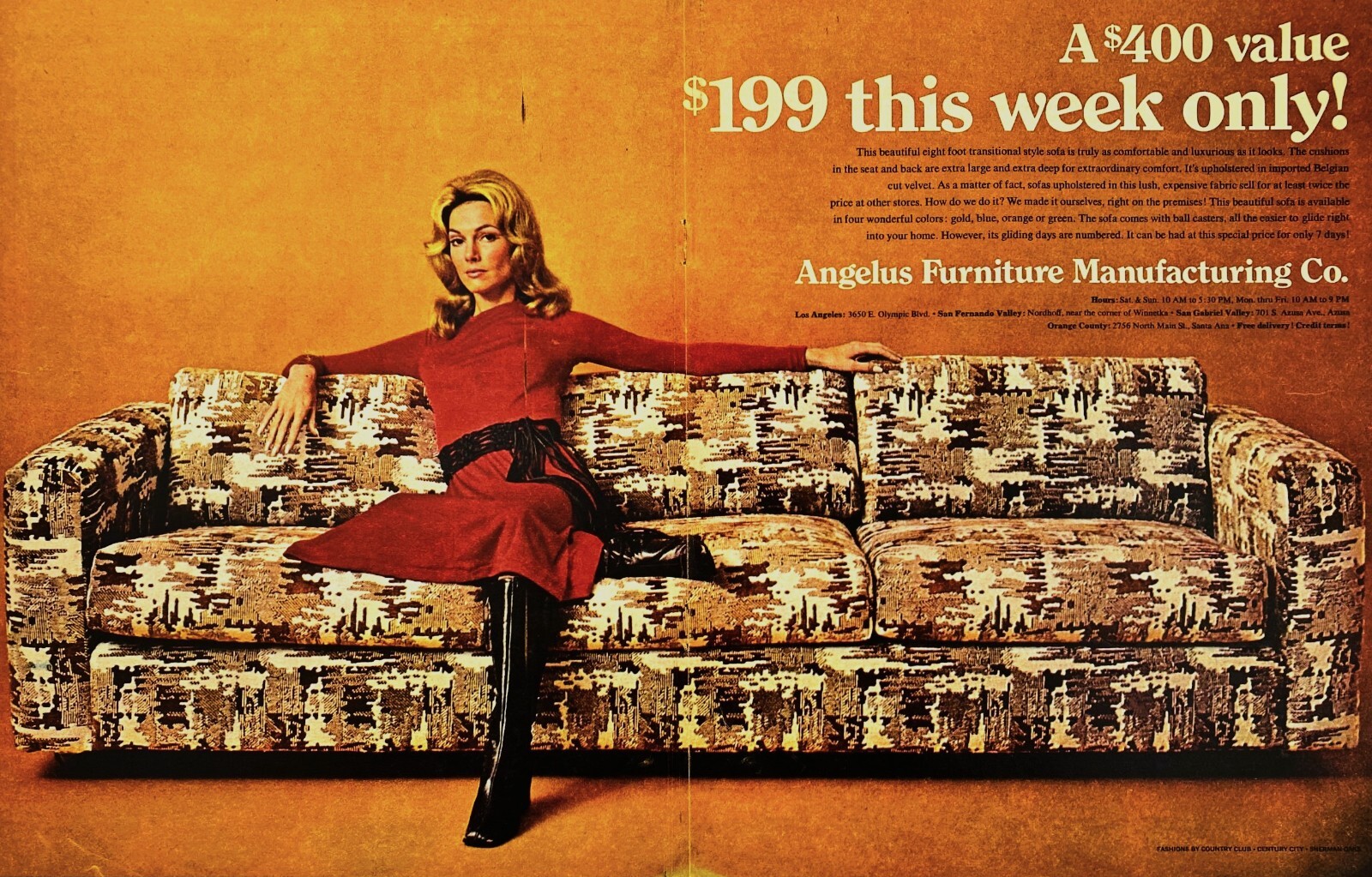 Angelus Furniture Mfg Co 1971 Blond Black Boots Red Crushed Velvet Vtg Print Ad