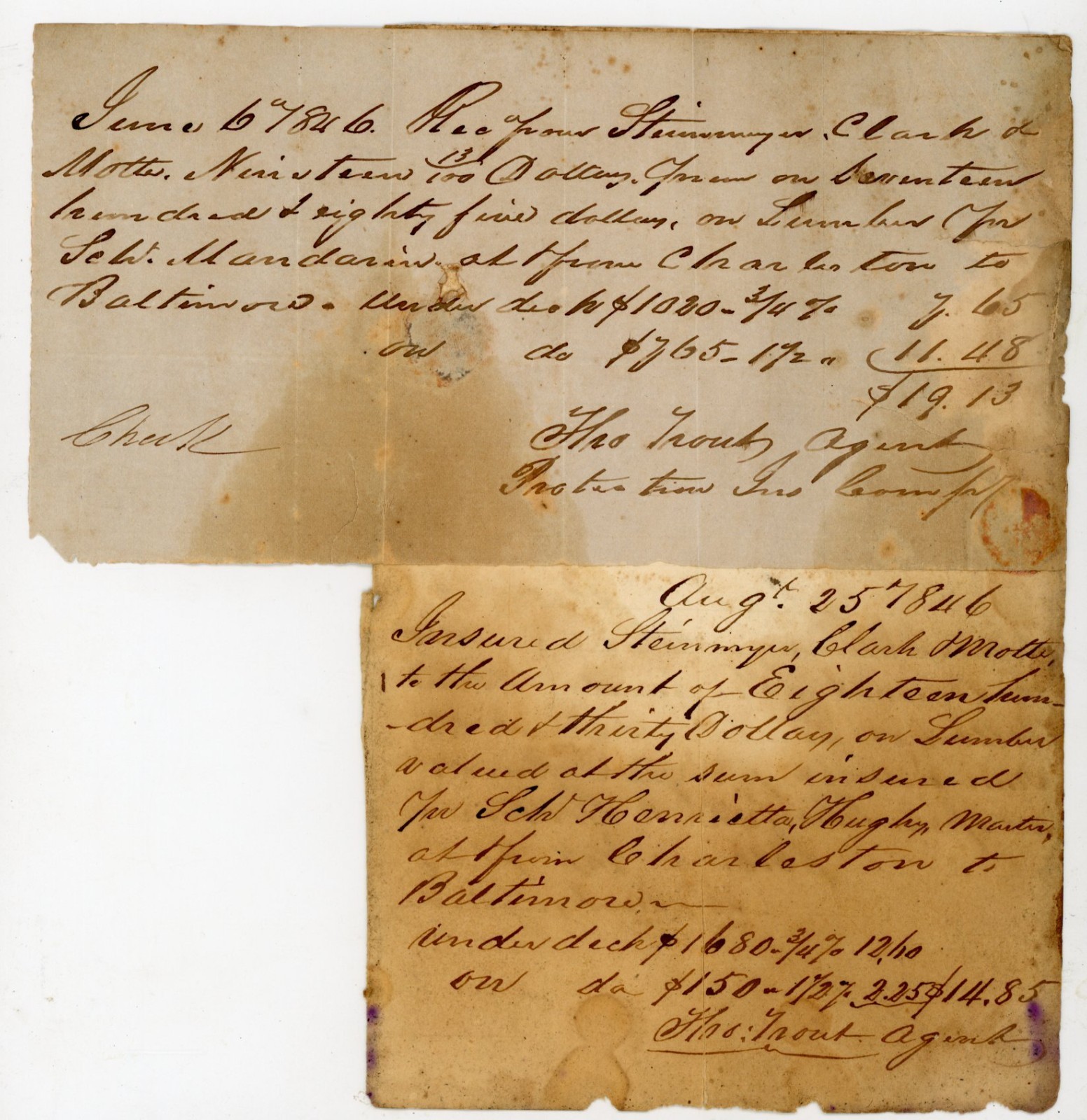 1846 Charleston SC Marine Insurance Receipt Schooner Constitution Barque Palmeto 1846 Charleston SC Marine Insurance Receipt Schooner Constitution Barque Palmeto