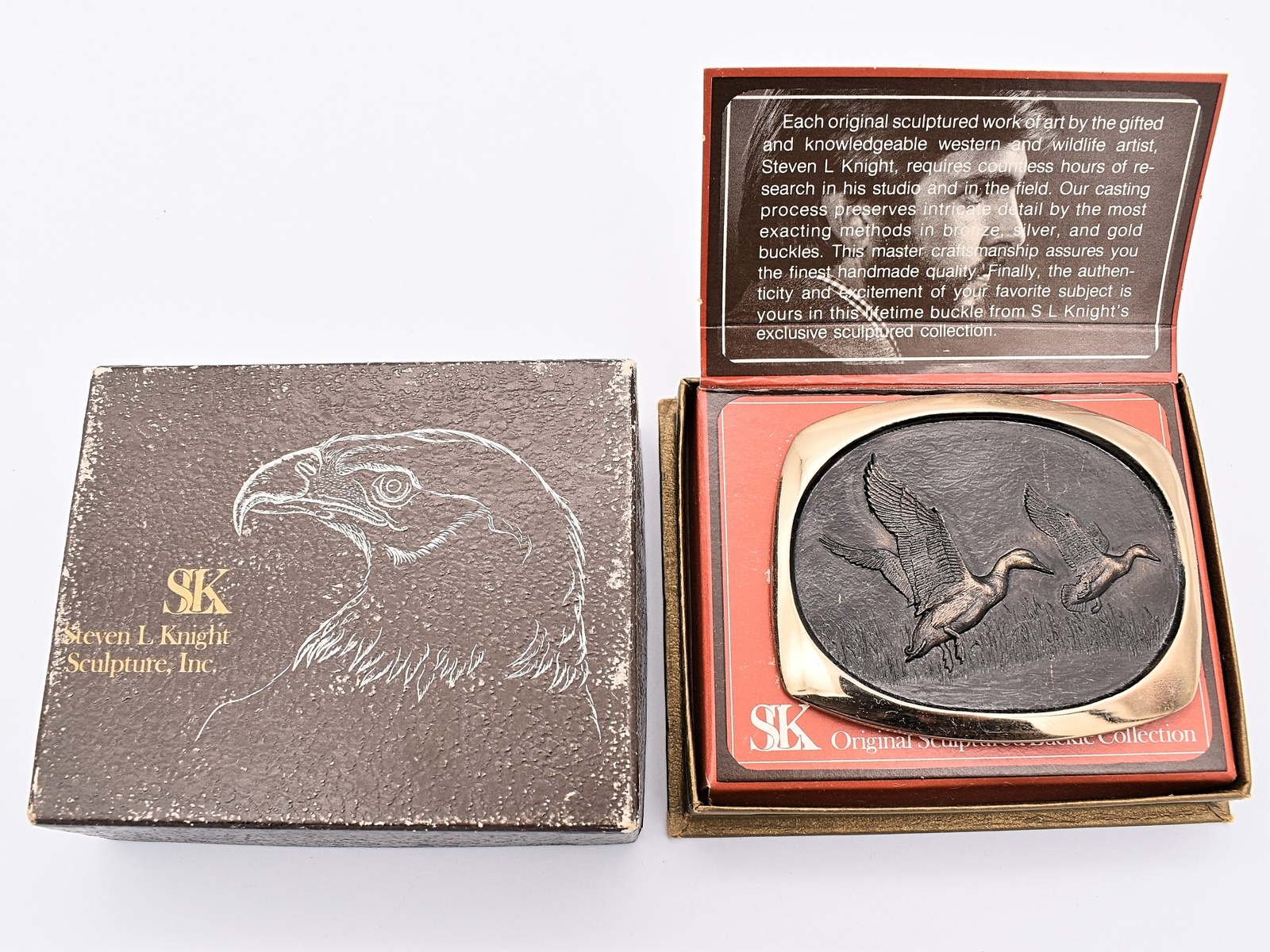 Solid Bronze Mallards Ducks SL Knight Vintage Belt Buckle