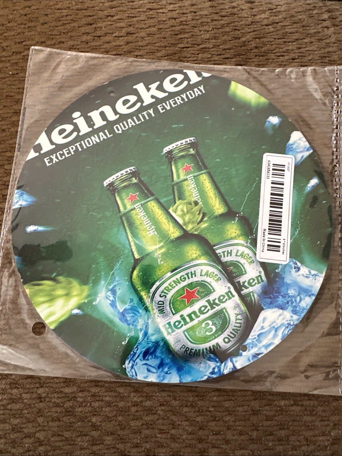 2D Simulation “Heineken” Mid Strength Lager Bottle Beer Round Tin 7.9”x7.9”