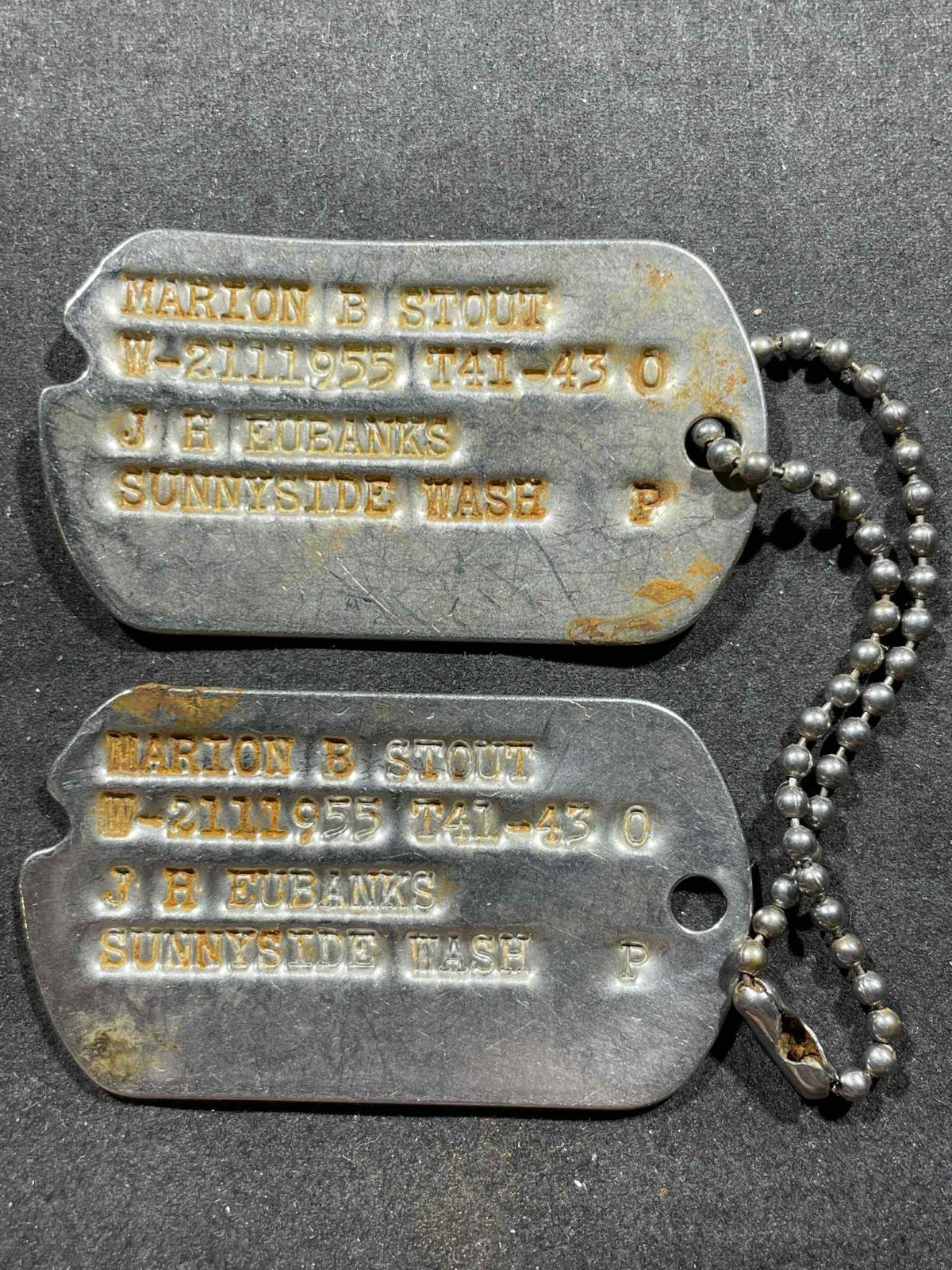 WW2 WWII US Army Military US Dog Tags ID Tags Marion Stout SUNNYSIDE WA Notched