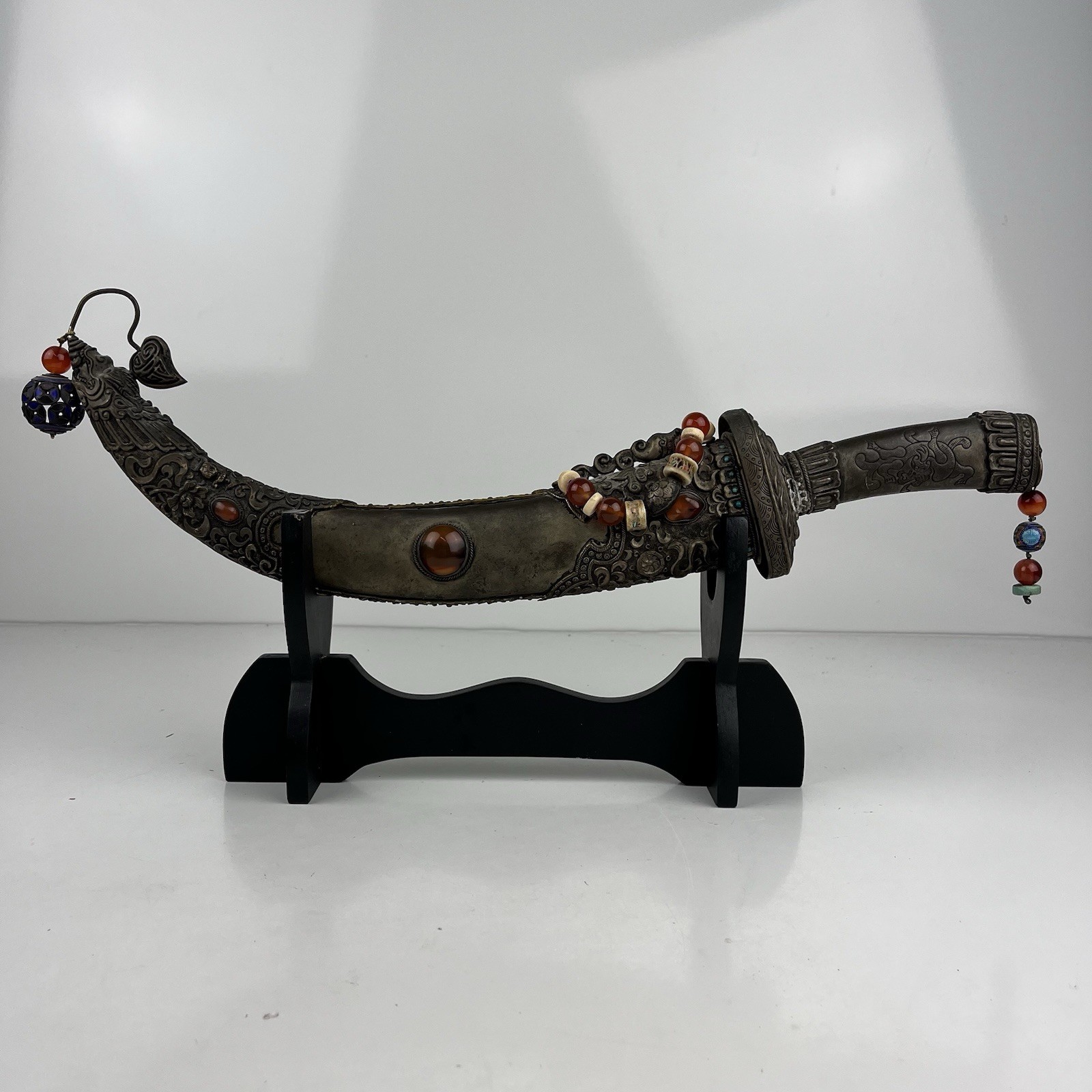 Vtg Asian Chinese Tibetan Mongolian Temple Sword Dagger Ornate Stones W/ Stand