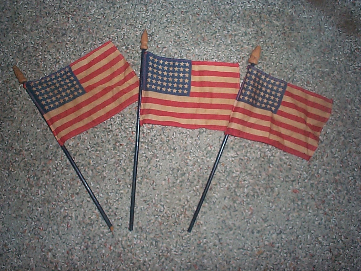 Antique 48 Star American Parade Flags on  stick   lot of 3   5  1/2 x  4