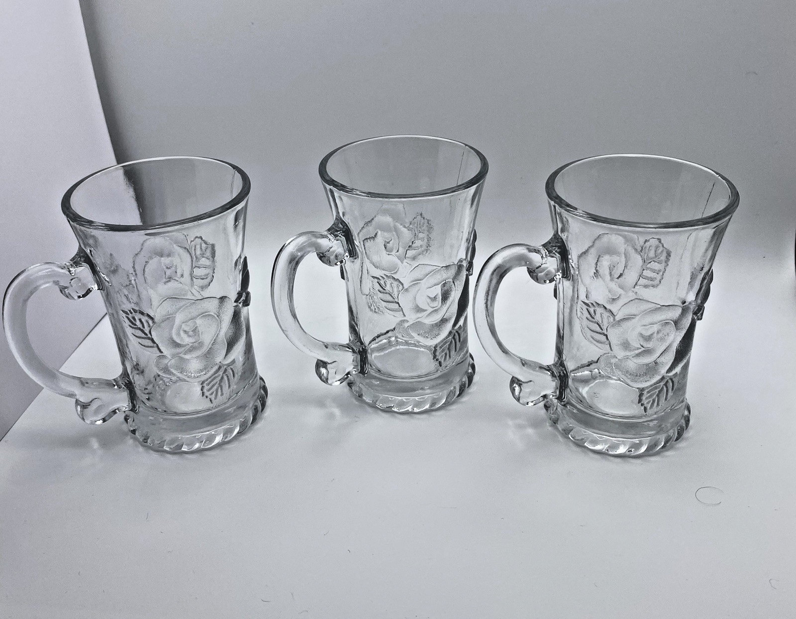 3 Vintage KSA Glass 5 oz Cappuccino Mugs Embossed Rose Cottagecore Romantic