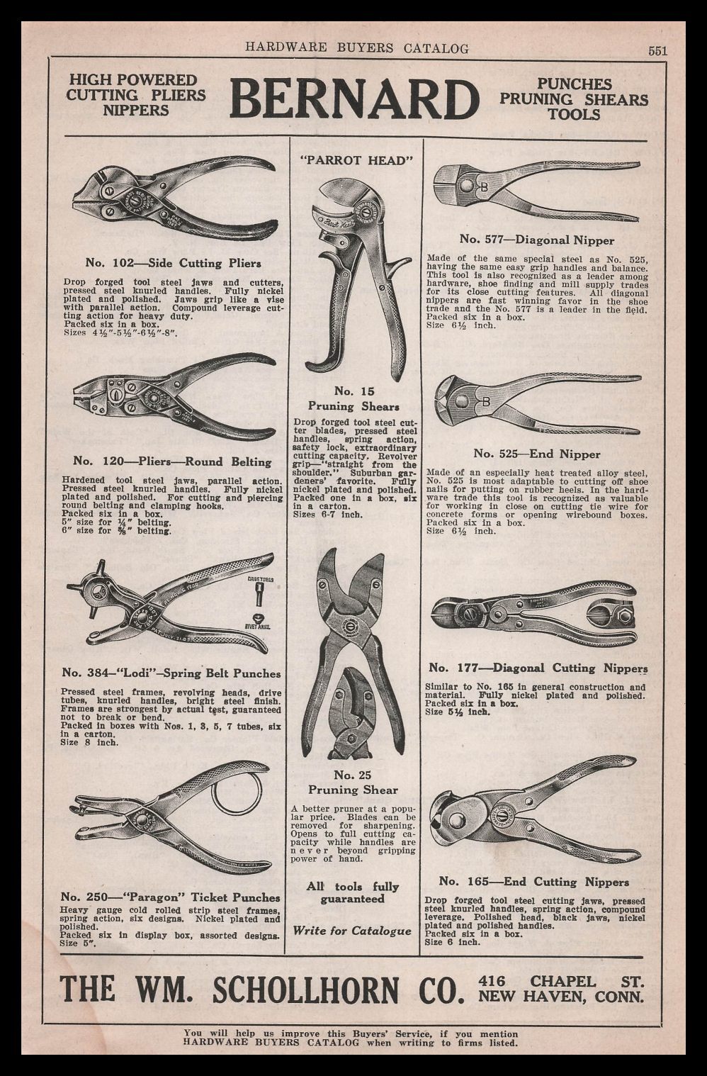 1928 William Schollhorn Co New Haven Connecticut Bernard Pruning Shears Print Ad