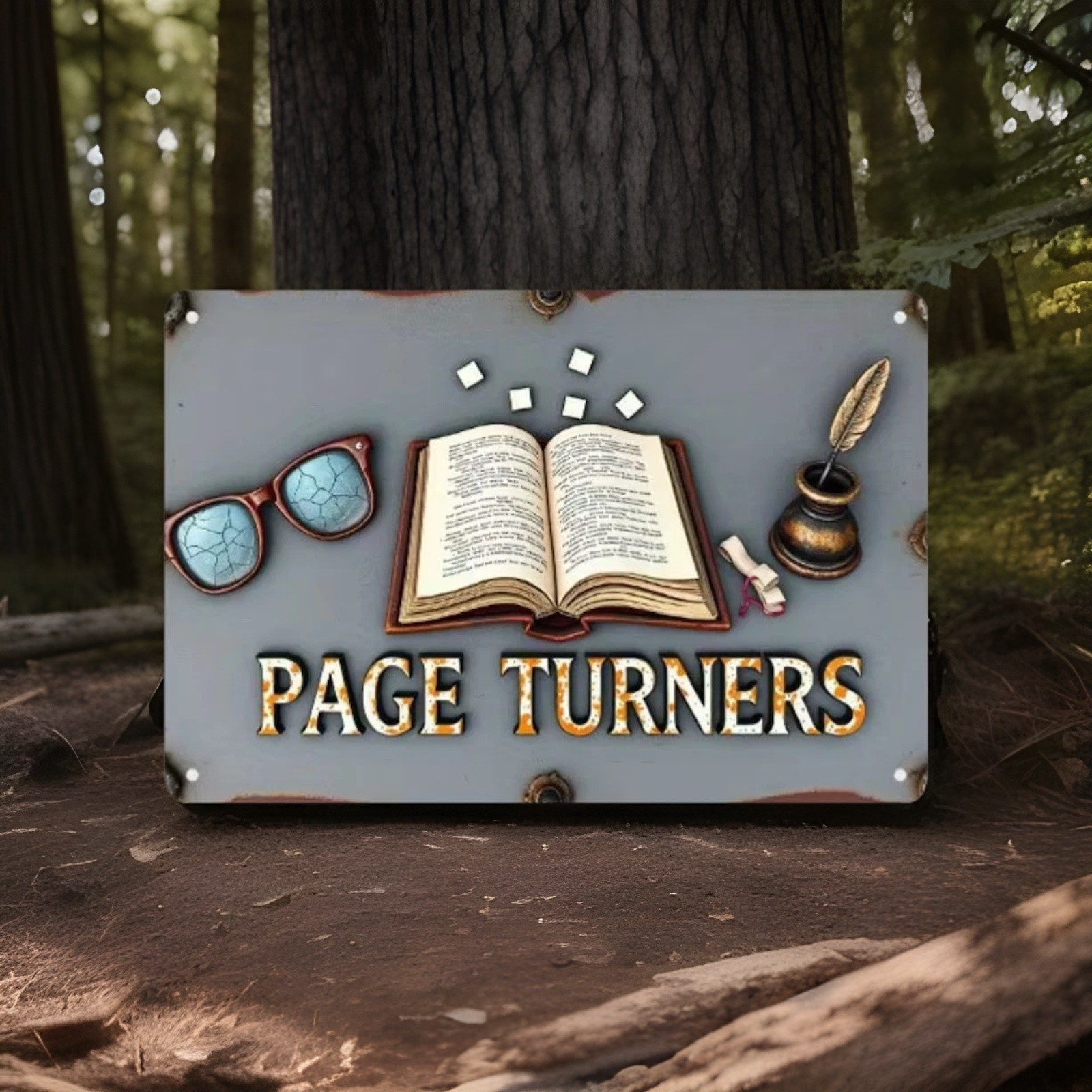 Metal Book Lovers Wall Art Sign - Open Book, Glasses & Pen with Page New 12x8