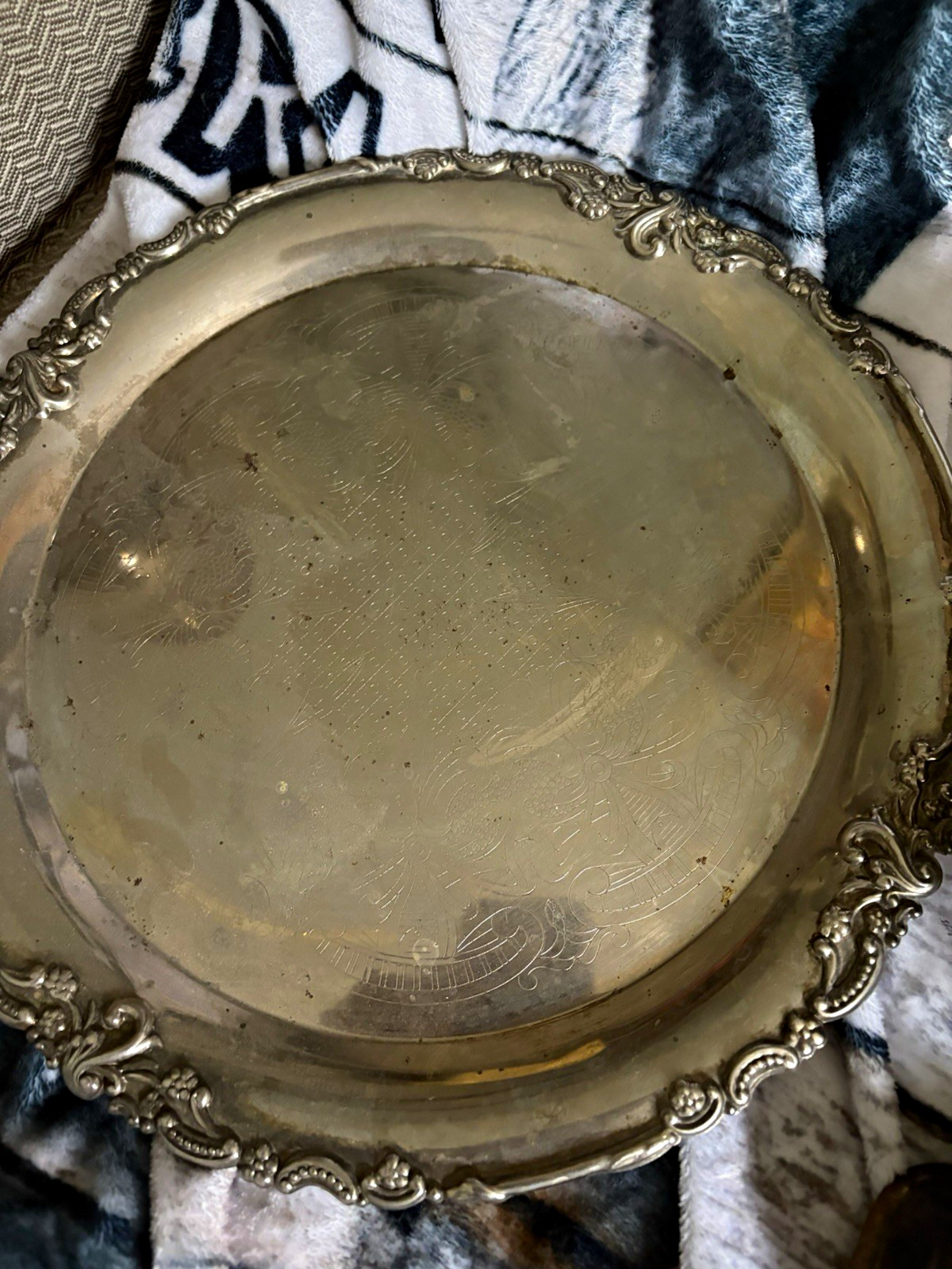 Silver Plate Round Serving Tray Platter Tray with Ornate Rim Border