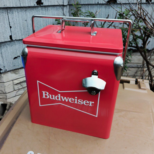 Budweiser Red Metal Beer Cooler w/ Bottle Opener & Carry Handle, Breweriana 
