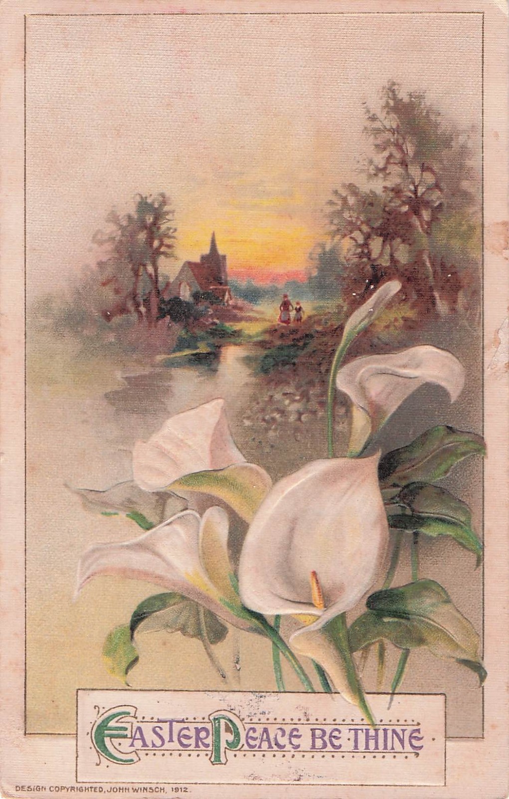 Antique Embossed Easter Postcard Calla Lilies Church John Winsch 1912 Mansfield