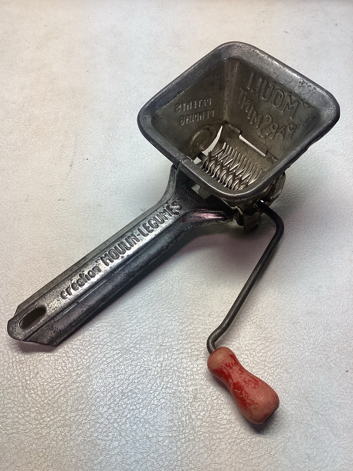 Vintage Aluminum “Moulin-Legumes” Food Mill with Red Wooden Crank Handle  France