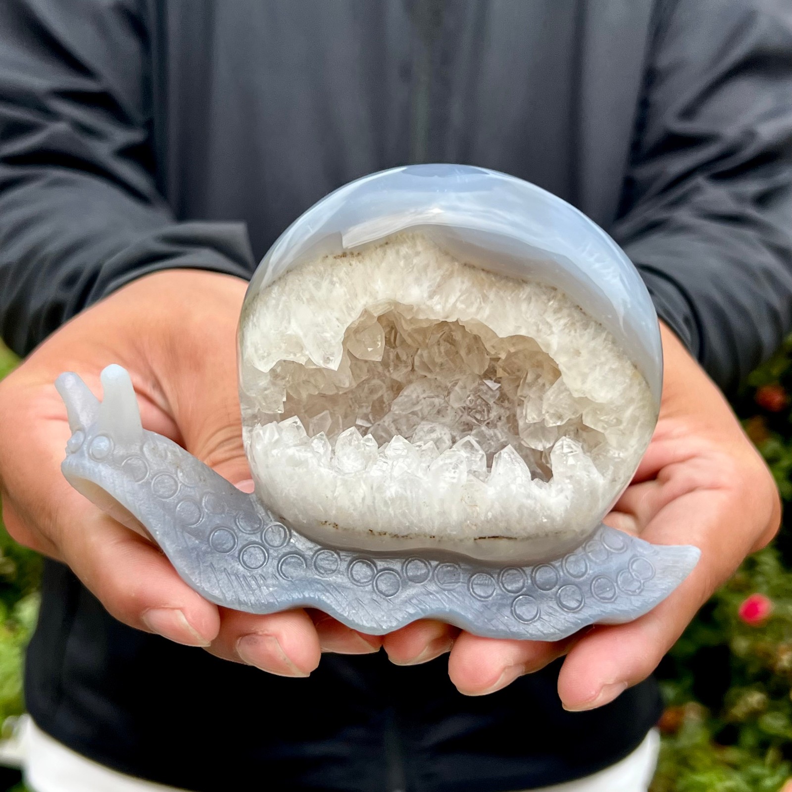 395G  Hand Carved Agate Amethyst Druzy Snail Crystal Animal Statue Healing Decor