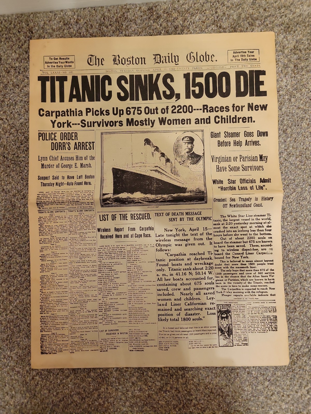 The Boston Dayly Globe Titanic Sinks Newspaper Multiple News Reproduction 1912 The Boston Dayly Globe Titanic Sinks Newspaper Multiple News Reproduction 1912