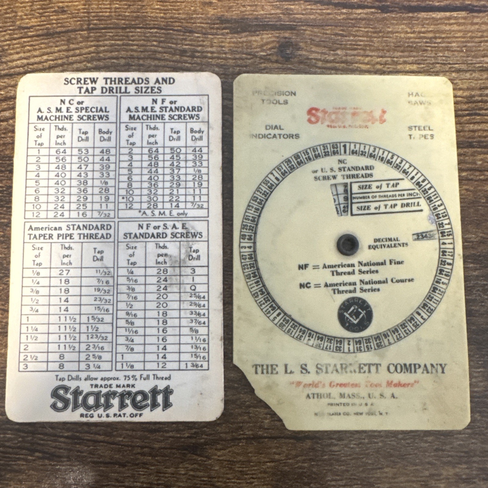 Vintage Starrett Measure Calculator Tool Standard Screw Threads & Reference Card