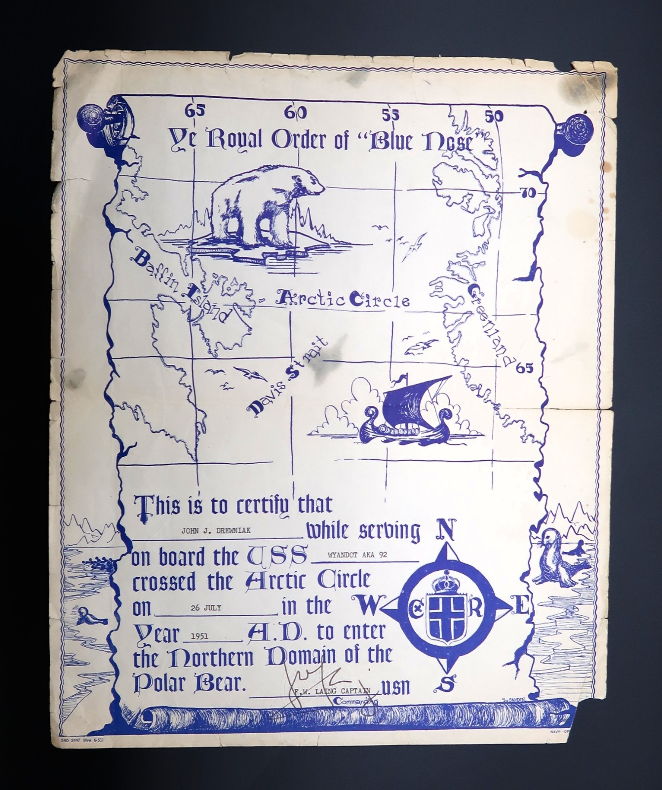 Vtg Royal Order of Blue Nose USS Wyandot 1951 F.W Laing Captain Artic Circle