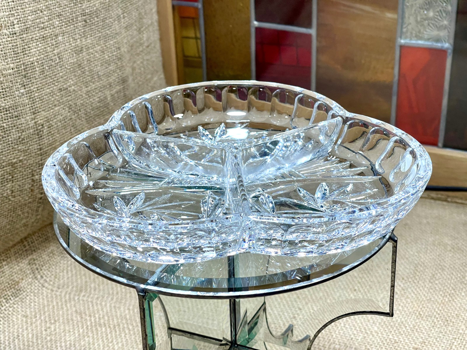 Beautiful Lead Crystal Nut Candy Relish Dish Pinwheels, Divided/ CZECH REPUBLIC