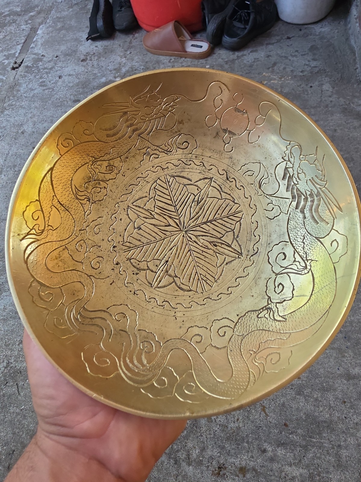 Vintage Engraved Brass Bowl Double Dragon Design Asian China Vintage 10” Patina