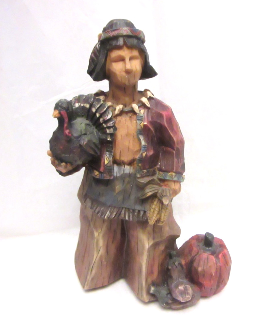 VTG GANZ Thanksgiving Pilgrim Figurine Stone Wood Man w/ Turkey & Pumpkin