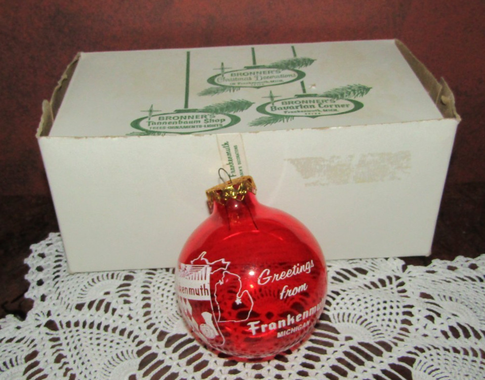 VTG 70'S RARE LARGE RED FRANKENMUTH CHRISTMAS ORNAMENT FROM BRONNER'S MICHIGAN