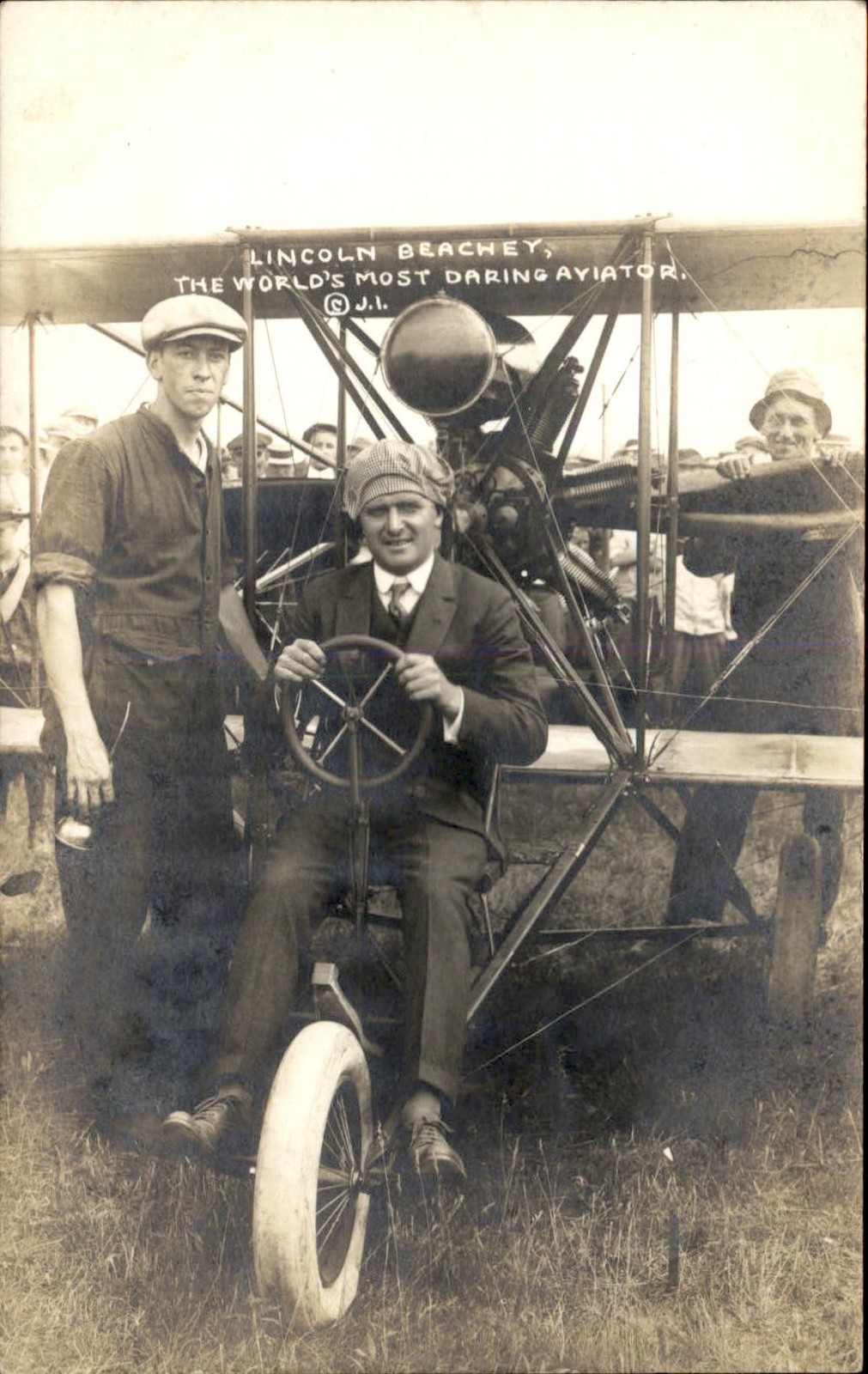 Lincoln Beachey biplane WORLD\'S MOST DARING AVIATOR c1914 RPPC bhn