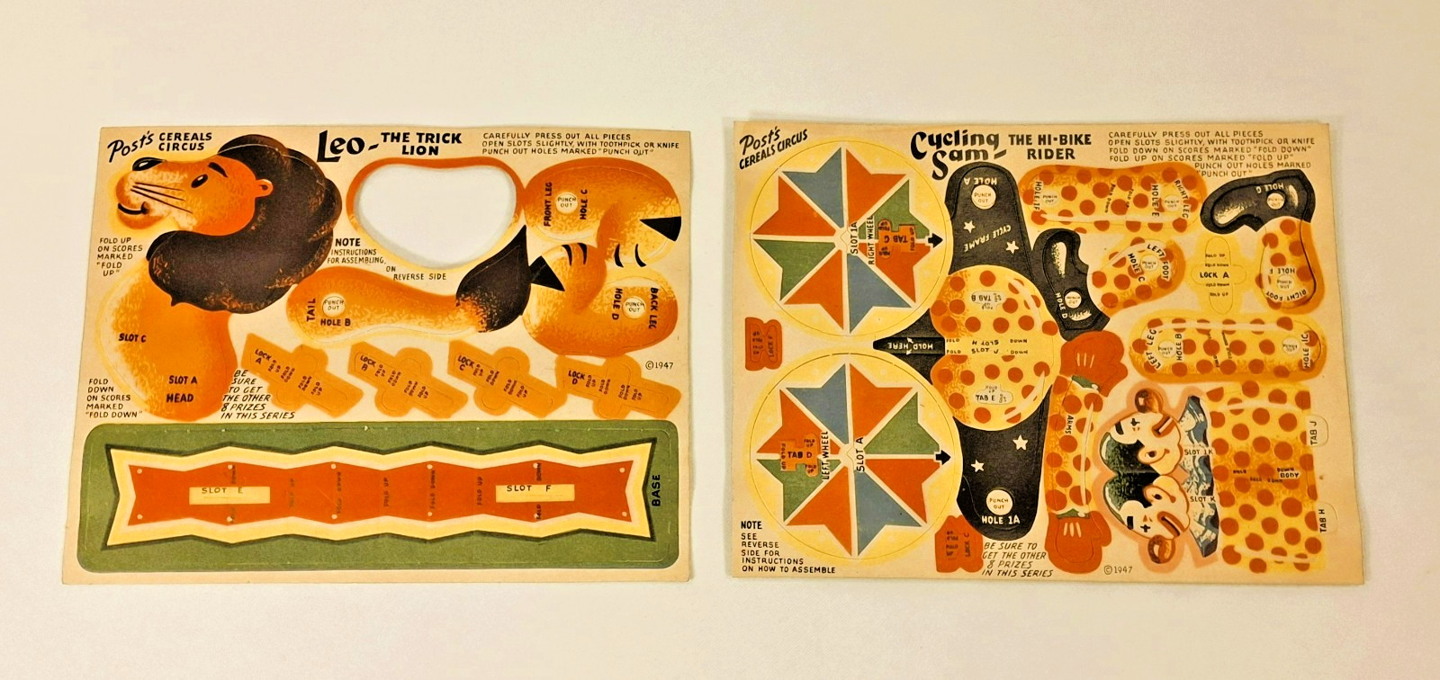 1947 Post Cereals Circus Cycling Sam & Leo Trick Lion Uncut Vintage Premium Lot