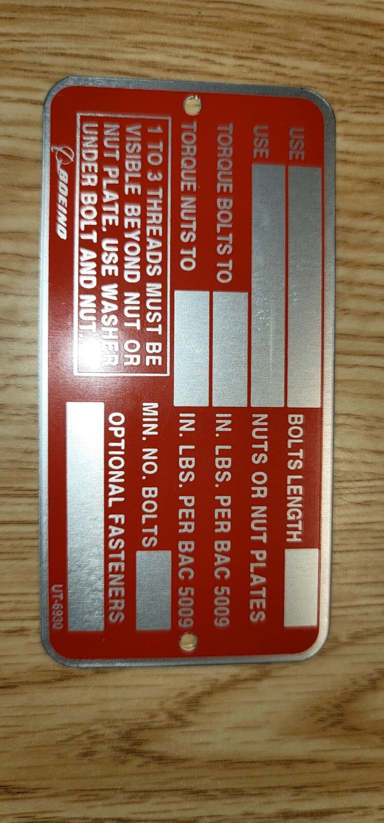 Boeing Aircraft Co UT-6930 Tag Metal Plate - 4\
