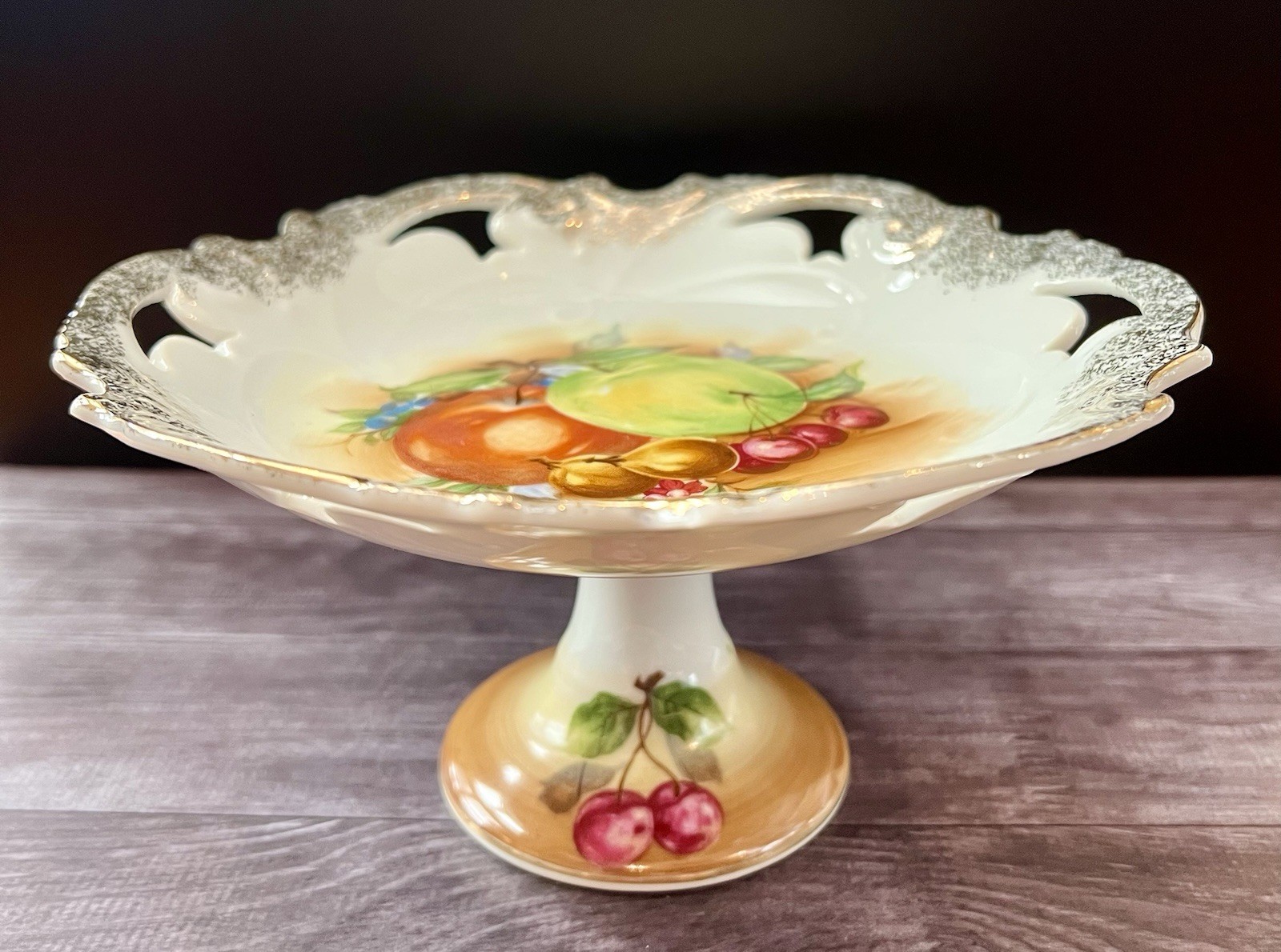 Vintage Hand Painted Porcelain Footed Fruit Compote Gold Trim Reticulated Rim