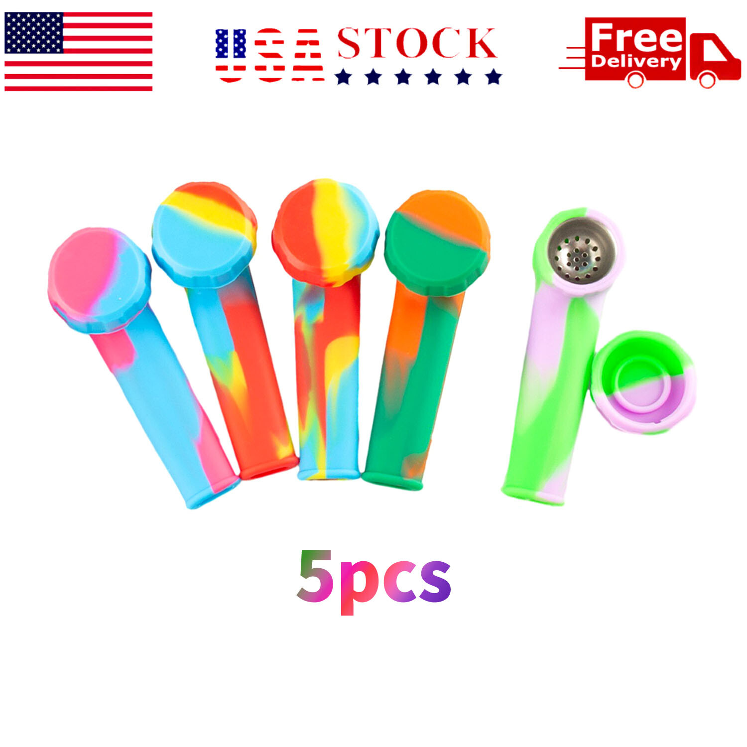 5PCS 3.4'' Mini Silicone Smoking Hand Pipe with Metal Bowl & Cap Lid Pocket Pipe
