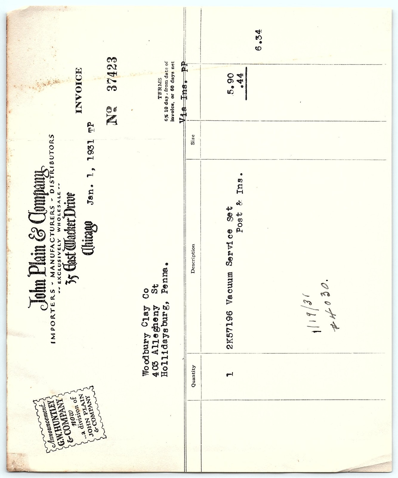 1951 John Plain & Co. Chicago invoice for Vacuum Service Set