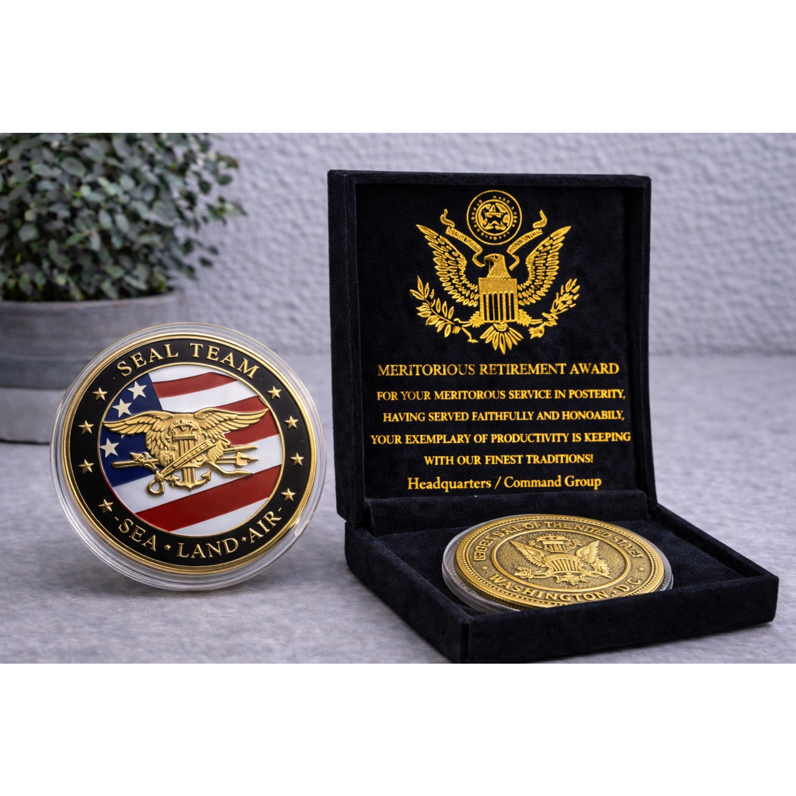 US Navy Seal Team Sea Land Air Military Challenge Coin w/ Retirement Award