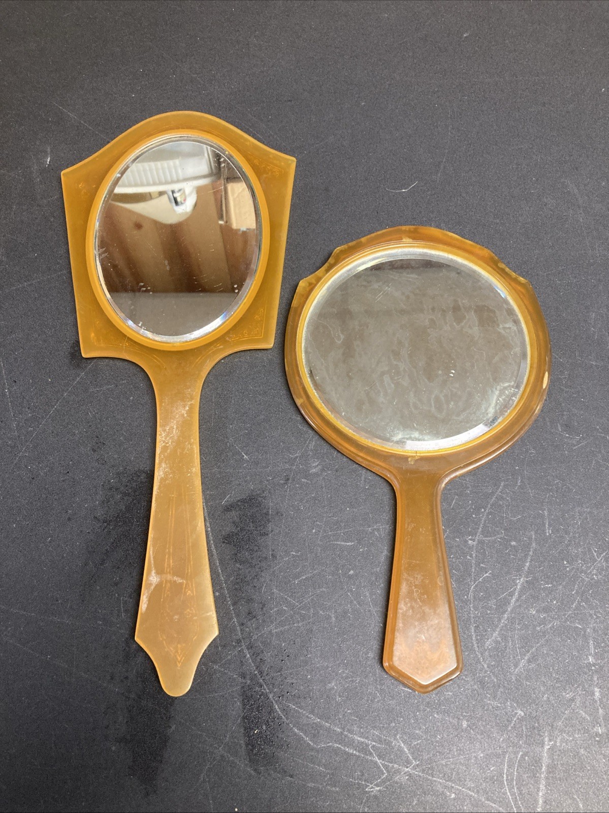 2 Vintage 30’s Bakelite “butterscotch”Hand Held Vanity Mirrors Retro Read