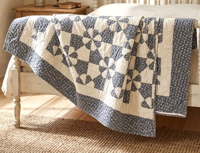 Vintage Blue Calico Pinwheel Patchwork Quilt 96 x 110 Queen King Handmade Cotton