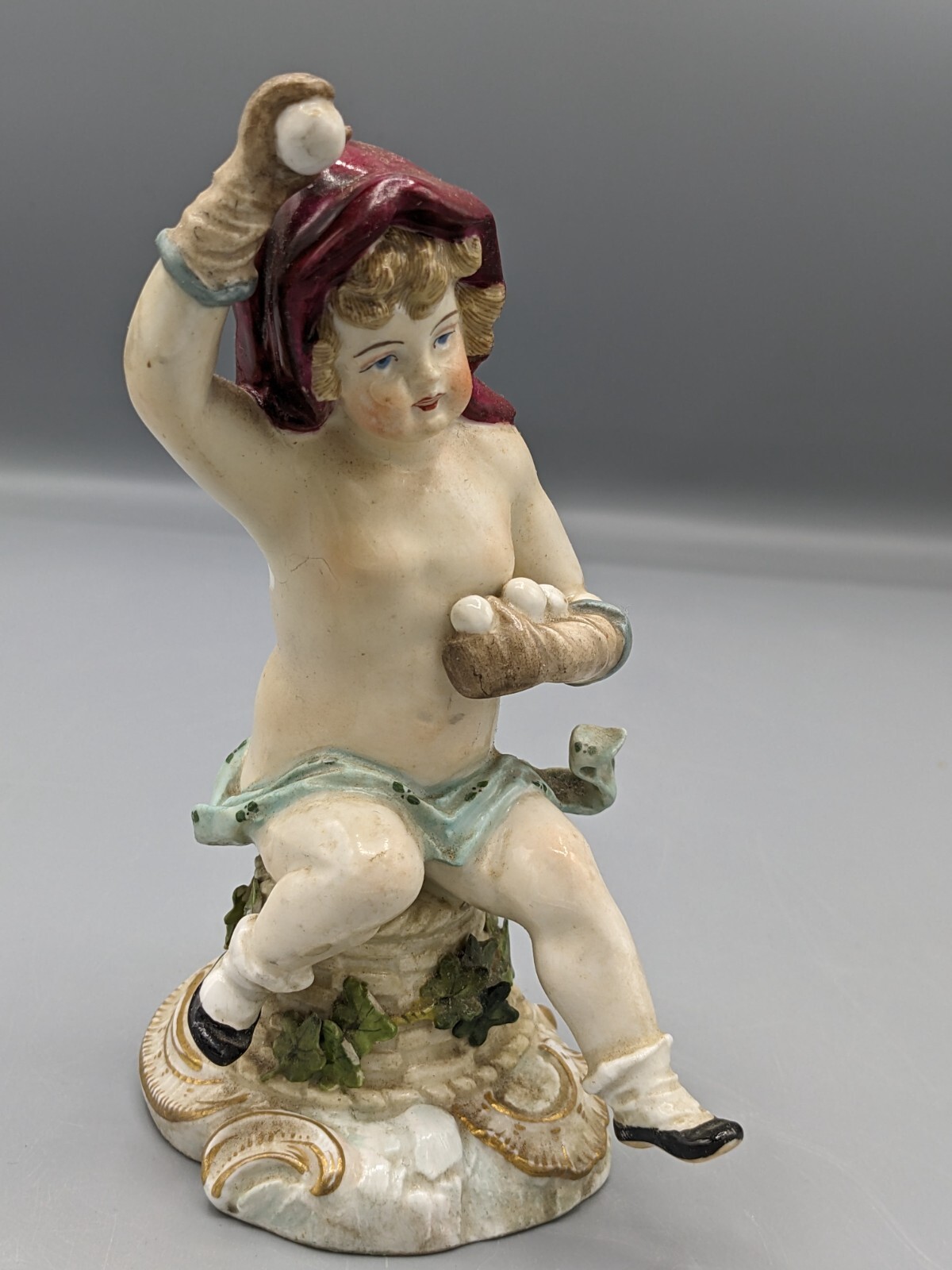 Antique German Meissen Porcelain Figurine Boy With Snowballs 5.5\