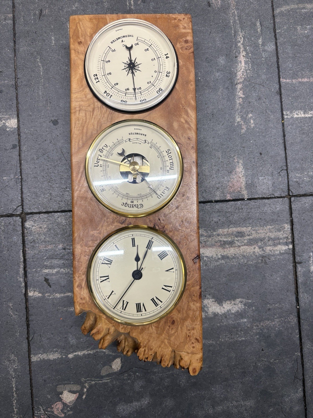 Charles Elkan Wooden Rustic Three Dial Clocks Untested Charles Elkan Wooden Rustic Three Dial Clocks Untested