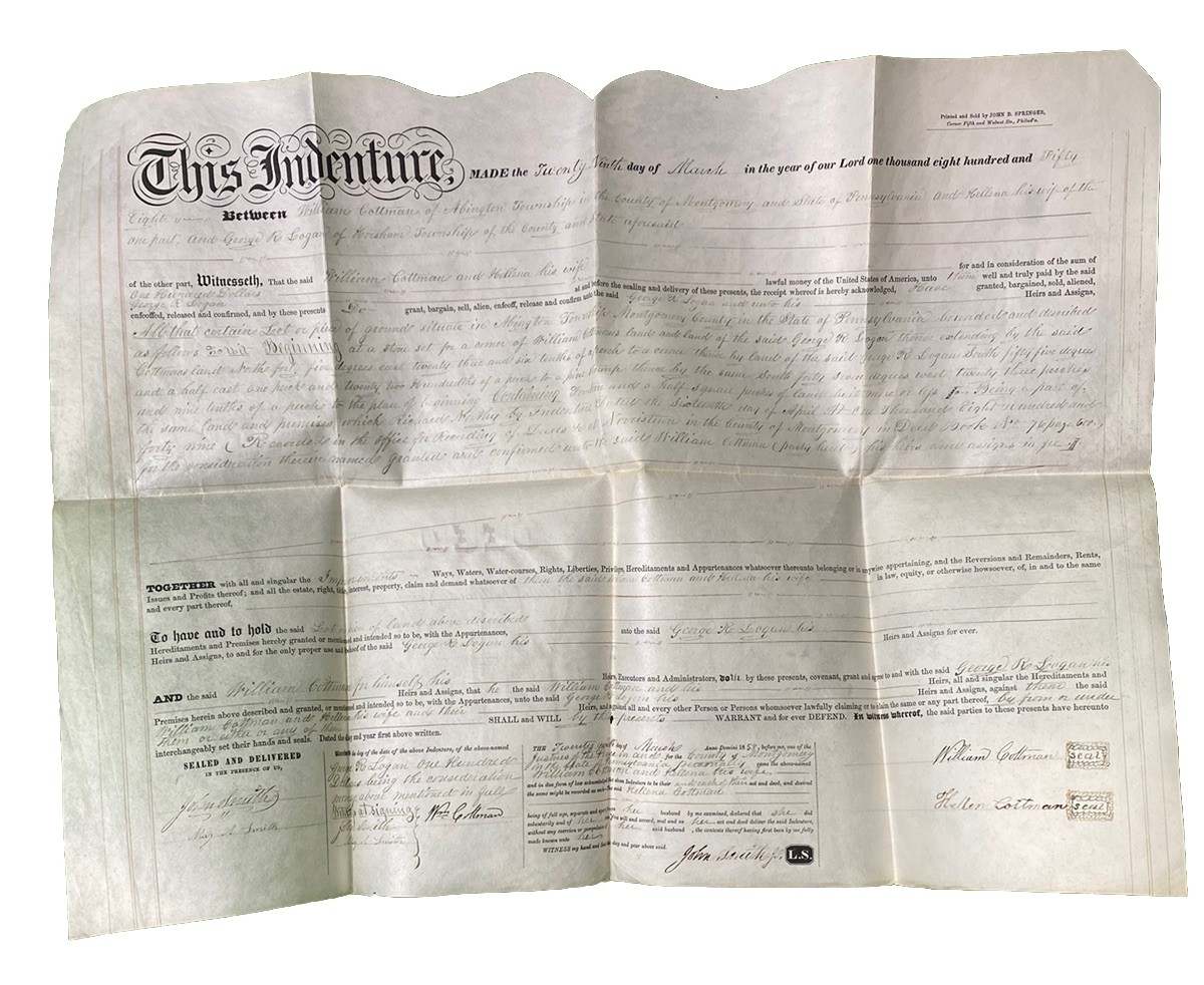 Arlington Township Montgomery Co PA Antique 1858  Vellum Indenture  Land Deed
