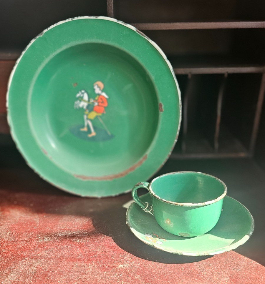 Antique Child\'s Green Enamelware Dishes plate/cup and lg. plate Germany