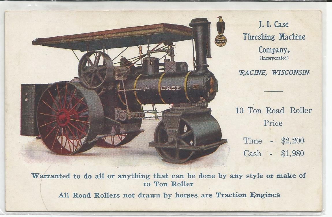 Postcard J.I. Case Threshing Machine Company Racine Wisconsin 10 Ton Road Roller