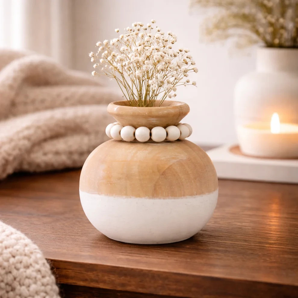 Round Wood Vase with Bead Necklace 5.5\ Round Wood Vase with Bead Necklace 5.5\