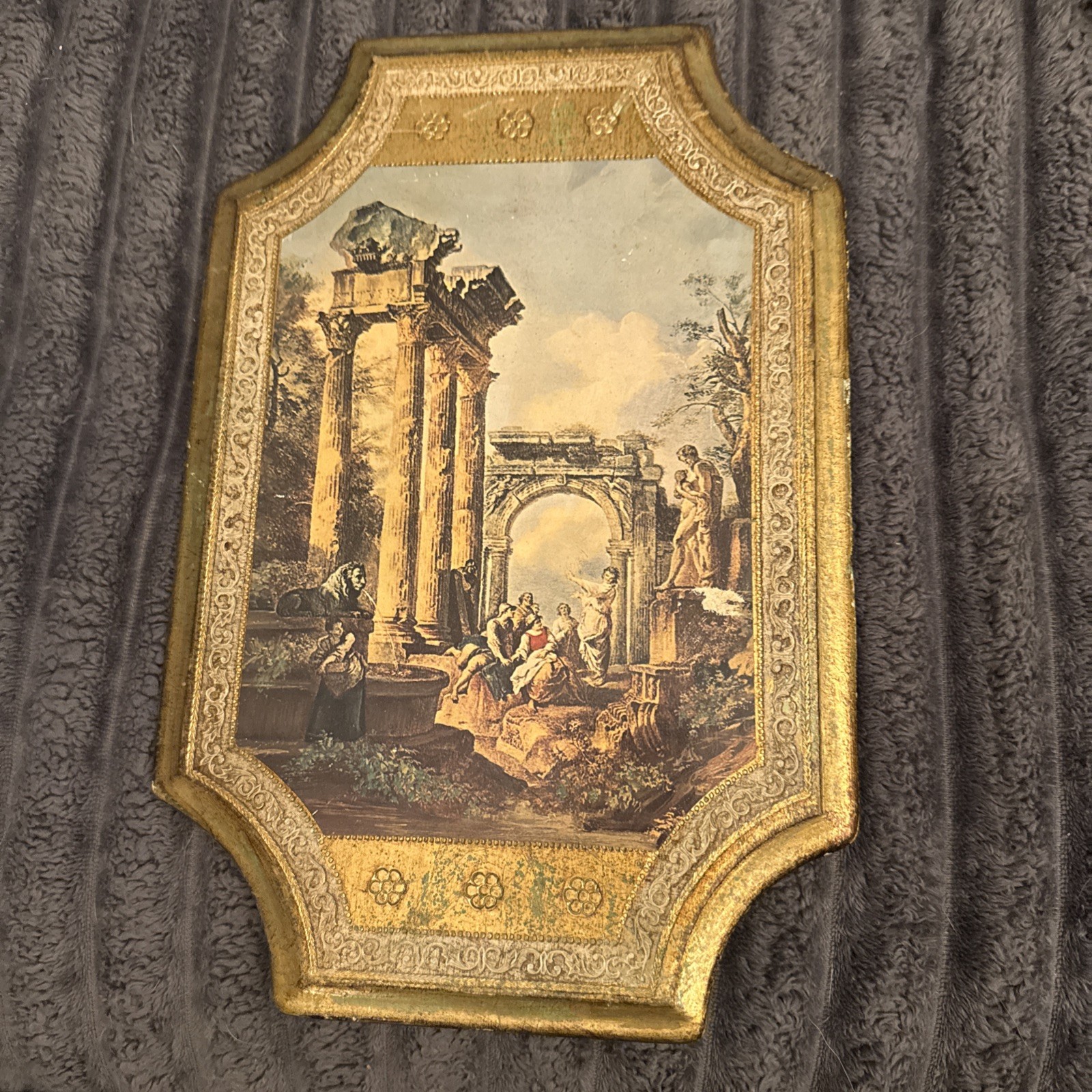 Vintage Wood Wall Plaque Classical Ruins Gold Green Rococo Italianate Decor