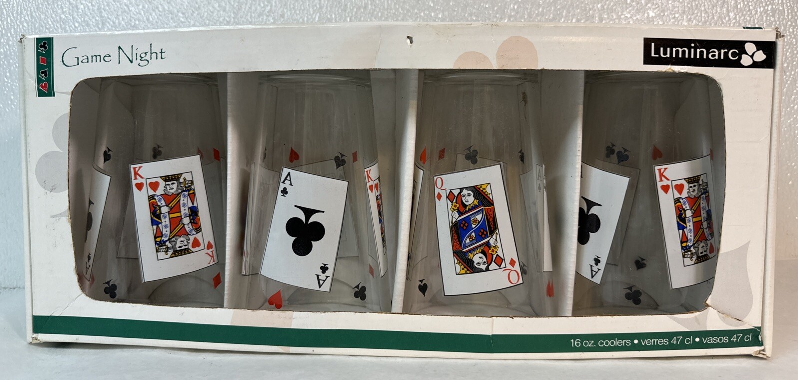 Set Of 4 Luminarc Game Night 16 OZ Playing Card Glasses New In Box