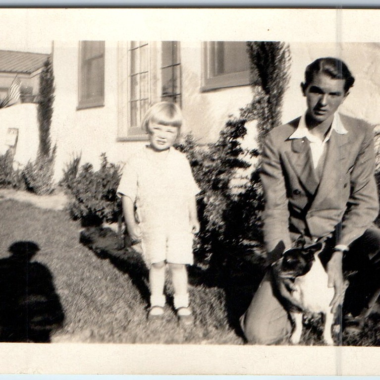 c1930s Handsome Man Suit Boston Terrier Dog Cute Child Stucco House Snapshot Vtg c1930s Handsome Man Suit Boston Terrier Dog Cute Child Stucco House Snapshot Vtg