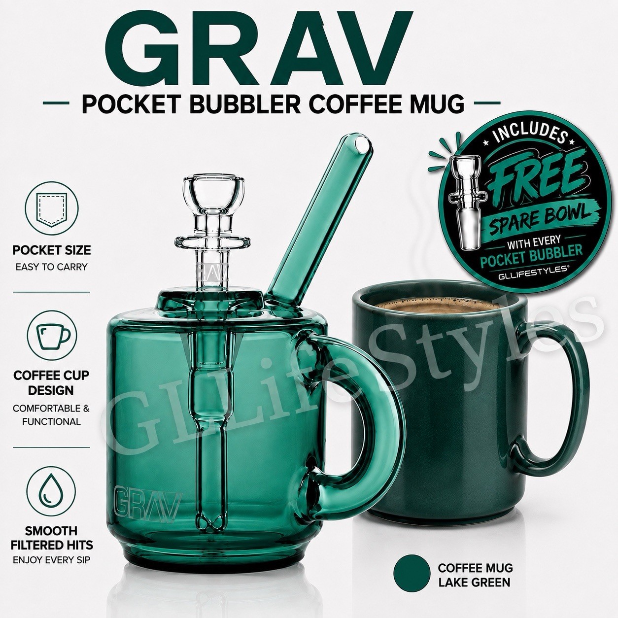 GRAV® COFFEE MUG LAKE GREEN POCKET BUBBLER, MINI WATER PIPE, BONG, 