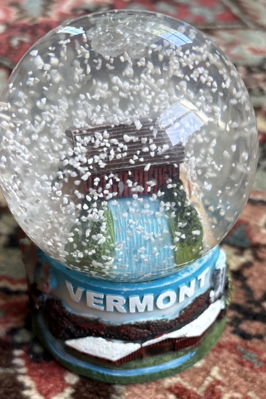 Vermont Snow Globe covered bridge rural motif moose, log cabin, farm 2.5 inch ht