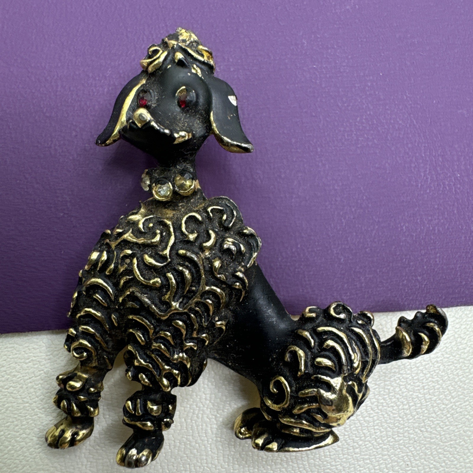 Vintage Poodle Gold Tone Black Red eyes Dog Animal Rhinestone Collar