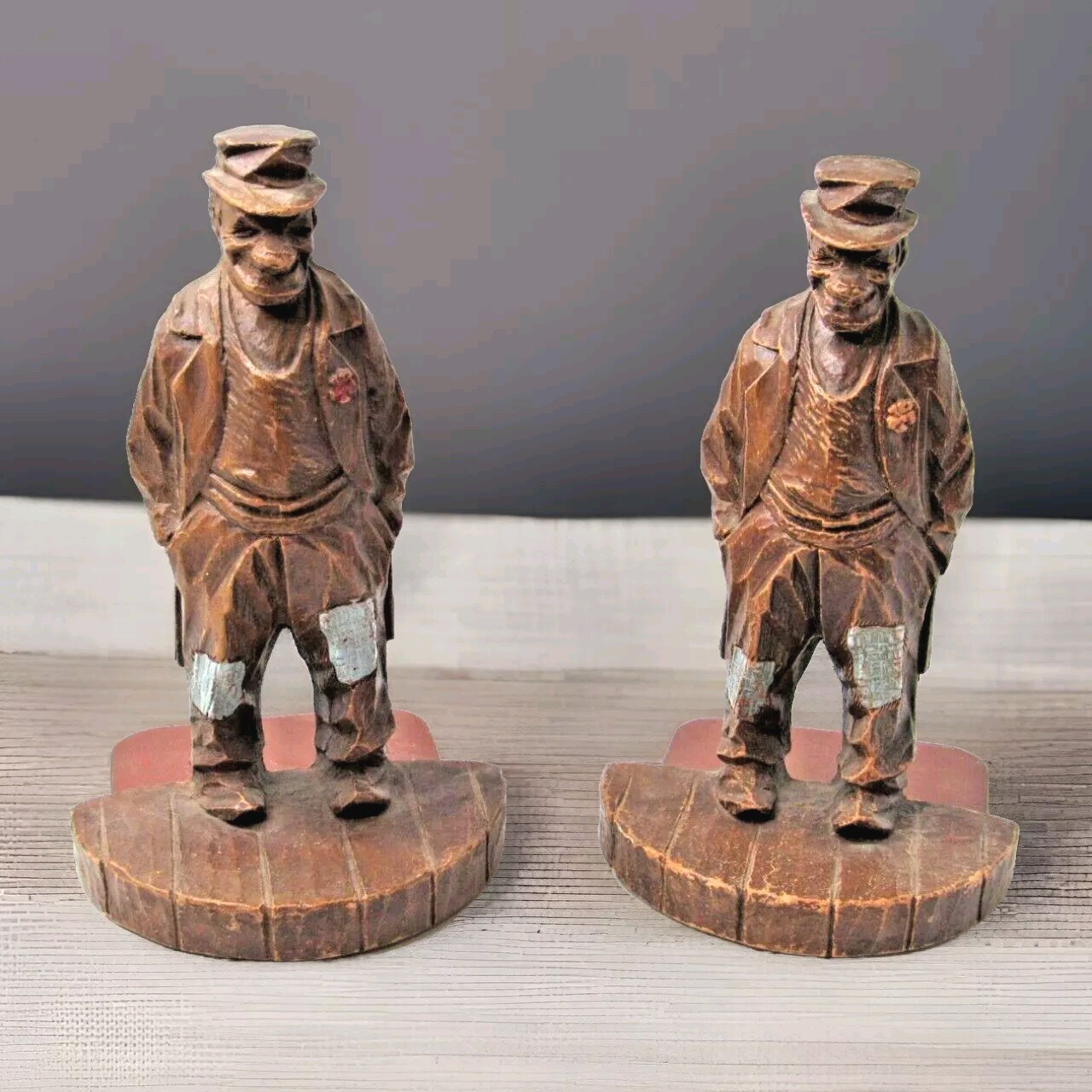 2 Vtg Folk Art Syroco Composition Wood Hobo PAIR Bookends Set  -xx