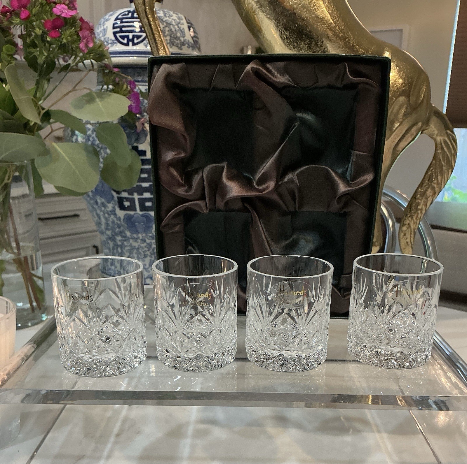VTG-Harrods Knightsbridge England Hand Cut Lead Crystal 4 Shot Glass NO Box Lid VTG-Harrods Knightsbridge England Hand Cut Lead Crystal 4 Shot Glass NO Box Lid