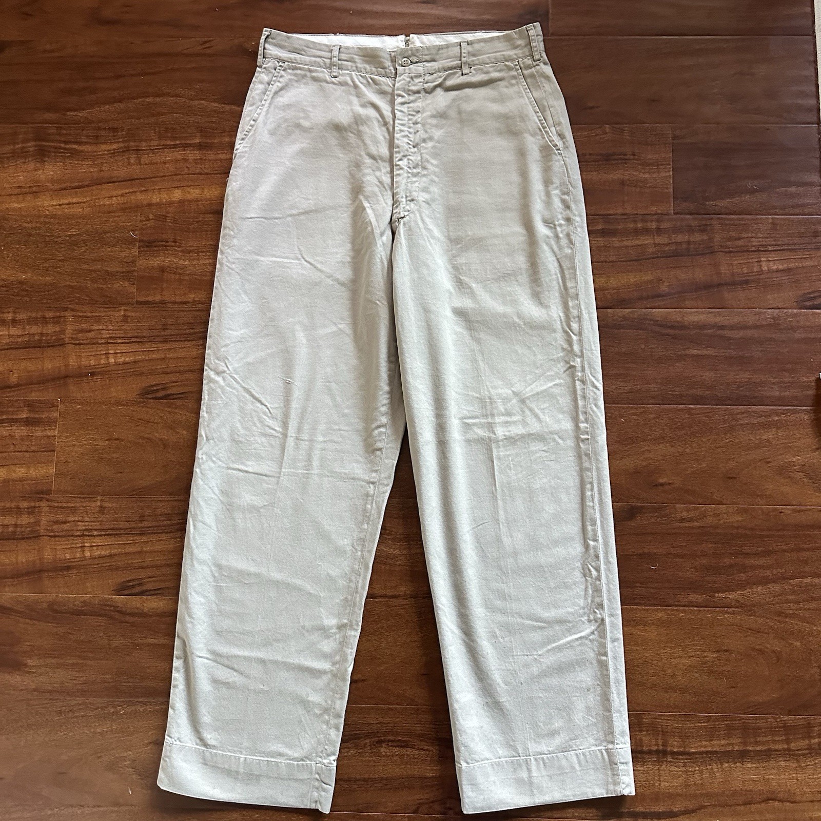 Vintage 40s 50s US Military Chinos Khakis Cotton Wide Leg 34x32 Sanforized