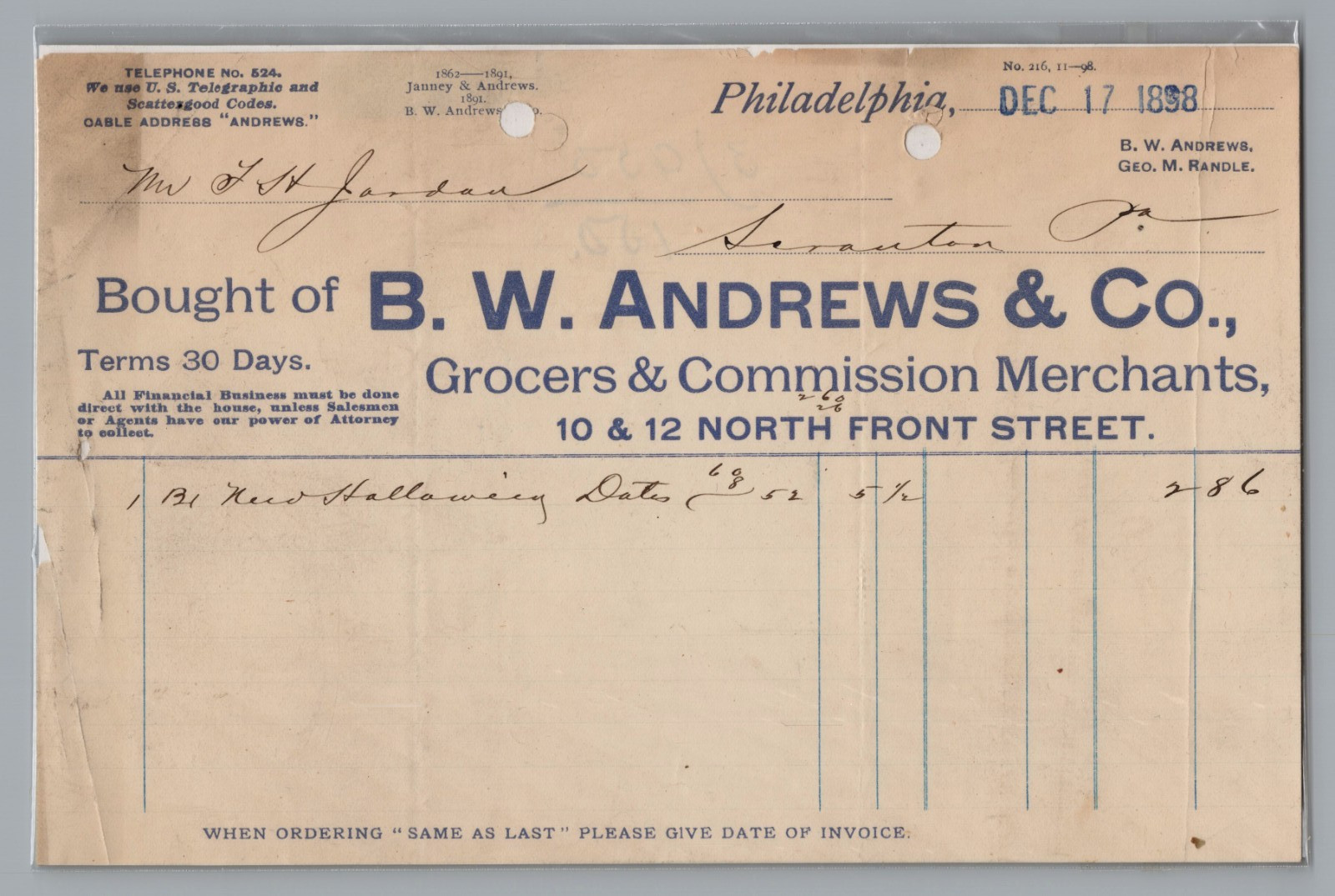 1898 Billhead Philadelphia PA B.W. Andrews & Co. Wholesale Grocer Ephemera