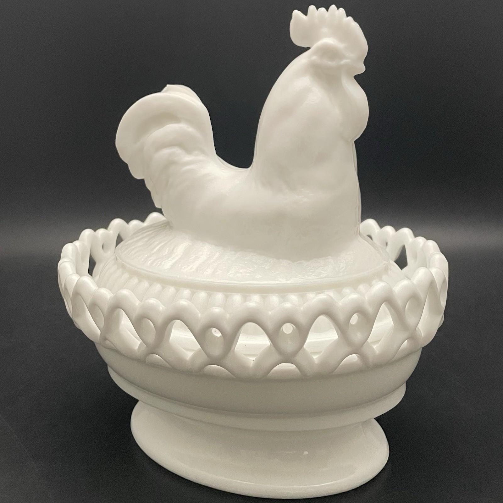 Imperial White Milk Glass Rooster on Nest Salt Cellar/Candy Dish c1960s USA 8\